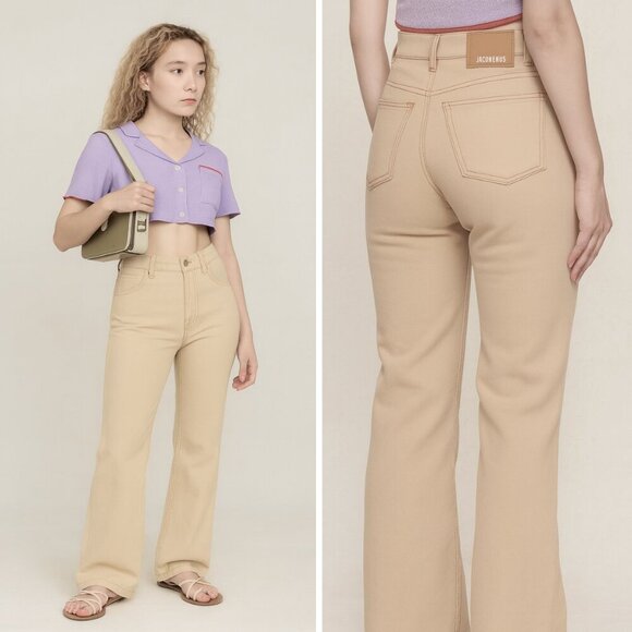 Jacquemus Le Raphia Flare Beige Le De Nimes Jeans Retro Bohemian High Rise Denim - Picture 1 of 11